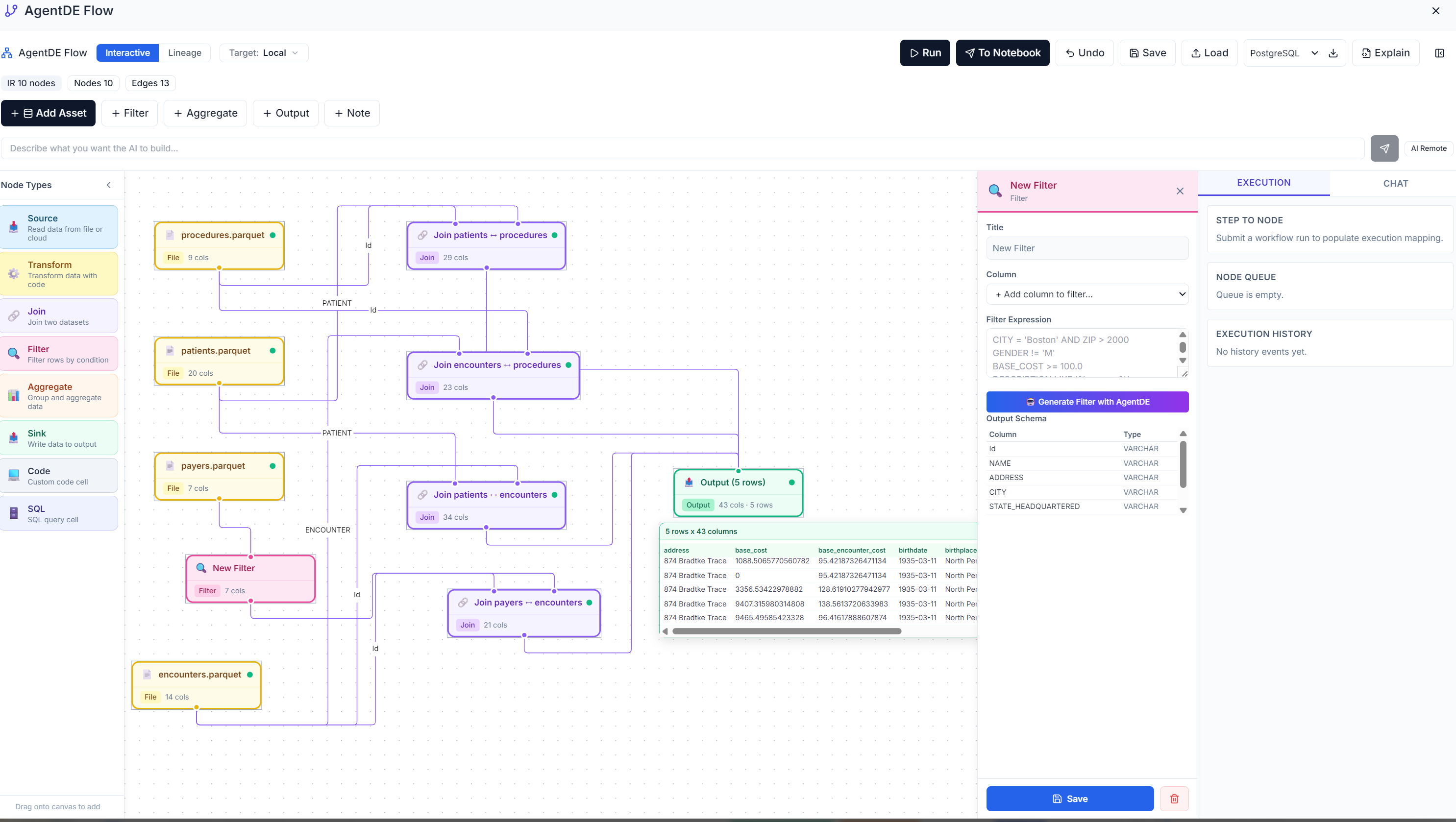 prototab DE workbench showing parquet files, joins, filters, and output data.