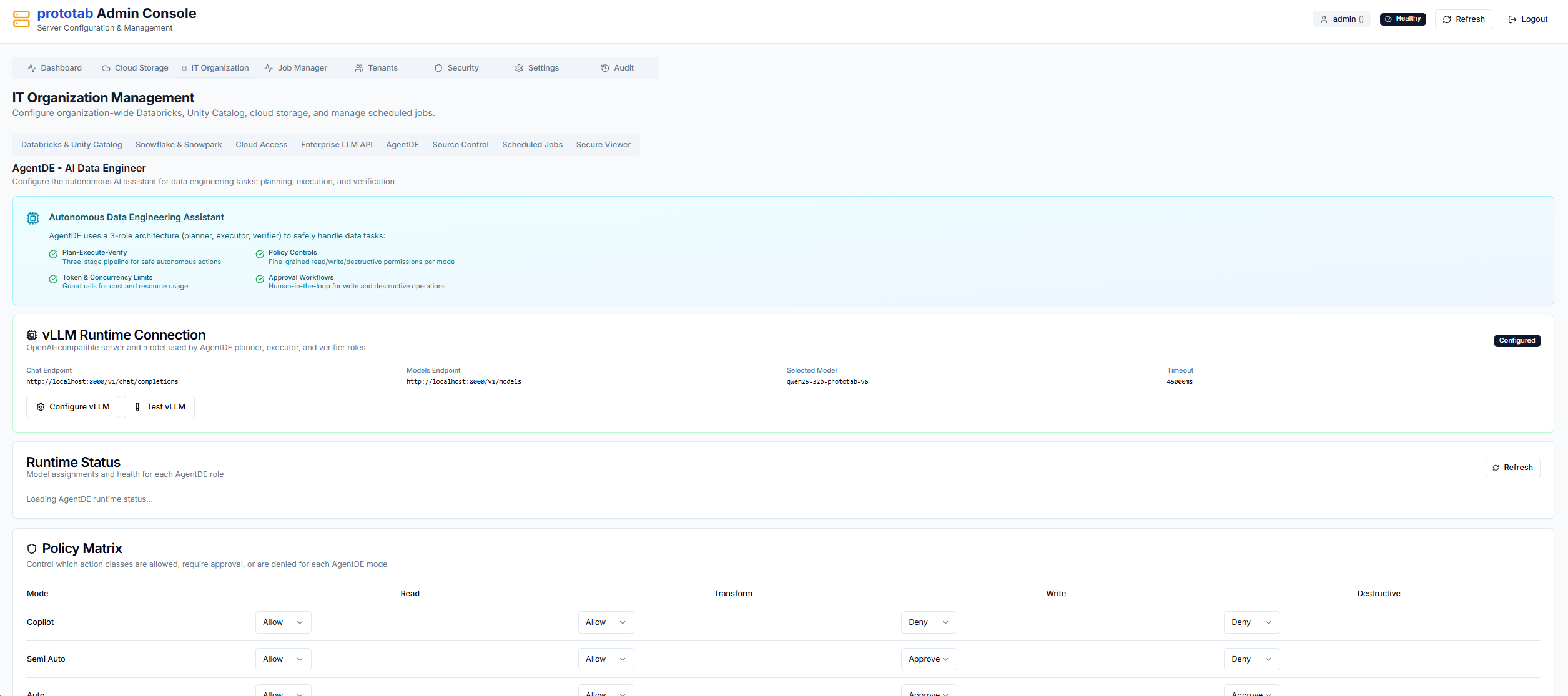 prototab admin console: IT organization management and AgentDE configuration.